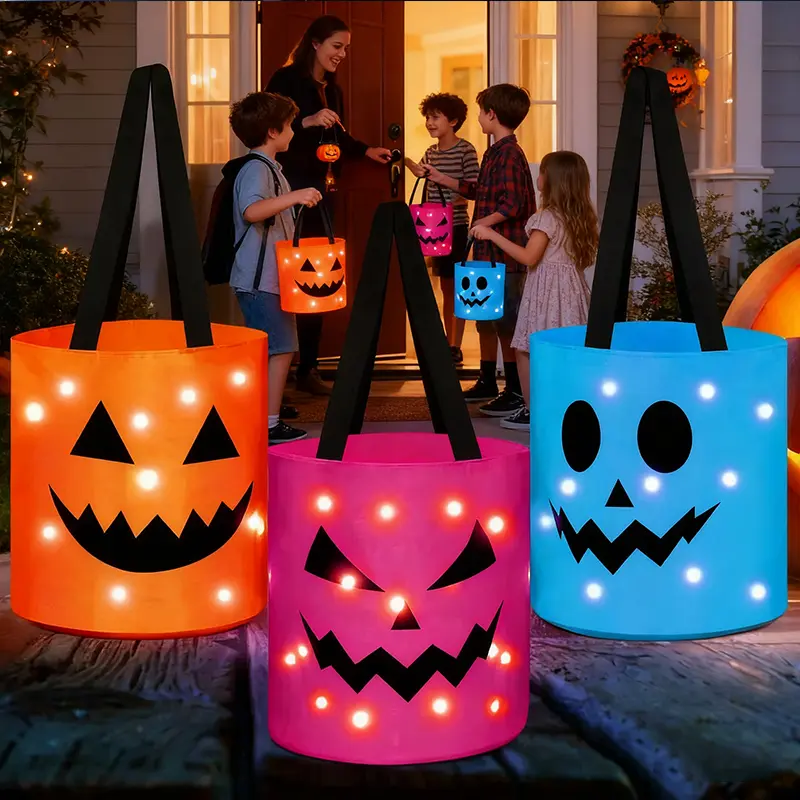 Halloween LED Light-Up Candy Bucket - Reusable Trick-or-Treat Tote for Kids, Halloween Stuff, Spooky Party Gift & Decoration