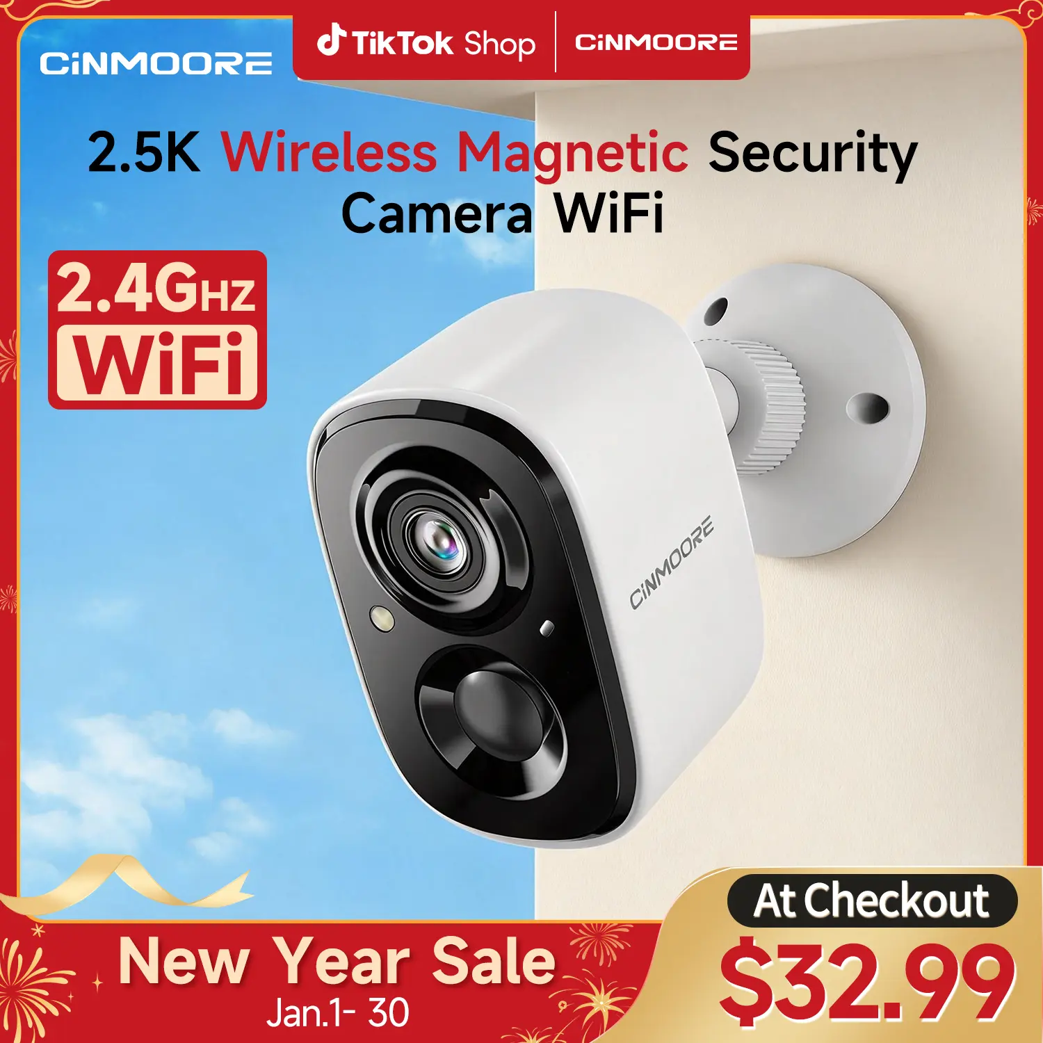 CINMOORE Outdoor/Indoor Magnetic wireless Camera 2.5K free install Smart Garage Security Camera – HD Video, Full-Color Night Vision, Motion Detection, Magnetic, Wi-Fi, Two-Way Audio, Smartphone Control Lens