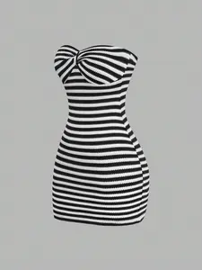 Women's Knitted Striped Halter Dress, Ruched Twist Knot Bodycon Fit, Sleeveless Summer Fashion, Elegant Casual Wear