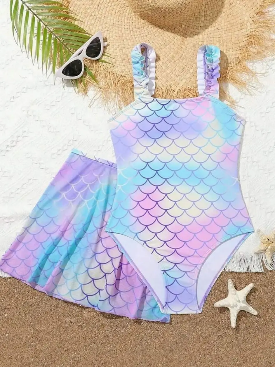 Tween Girl Fish Scale Print Bikini Set, Comfortable 2-Piece Bathing Suit for Beach