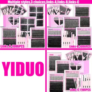 YIDUO 6/8/10 Styles Cluster Eyelashes Kit 40D/50D/60D/80D/100D/Volume Lashes Clusters Kit 10-18mm Cluster Eyelash Extension Kit 1086/1100 Pcs D-Curl With Lash Bond and Seal*2, Lash Remover，Lash Tweezers,Eyelash Brush DIY at Home Easily