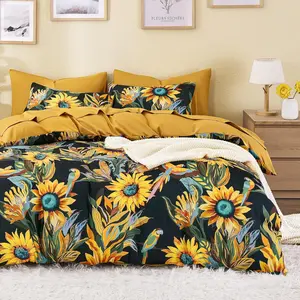 - Boho Comforter Set, Floral Farmhouse Bohemian with Colorful Sunflowers and Birds Pattern, Soft Lightweight Bedding, 3 Pieces, Amber Black, Queen Size
