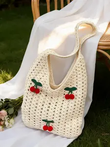 Fresh and artistic style, minimalist and atmospheric hollow tote bag, fashionable and versatile large capacity crochet shoulder bag, with plush cherry design, suitable for commuting, shopping, and gatherings