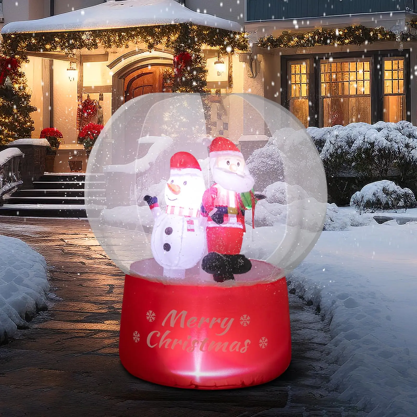 4 FT PVC Christmas Inflatable Snow Globe Decoration - Bright LED Lights, Power Adaptor, Santa & Snowman Gift-Giving Design, Weather-Resistant Outdoor Lawn & Garden Decor