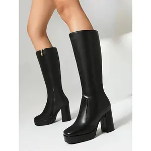 Autumn/Winter Waterproof Platform Chunky Heel Women's Long Boots With Side Zipper Casual Fashion Square Toe High Heel Shoes Women's Boots Black PU Leather Fabric Insole & Lining Rubber Outsole Elegant Style True to Size