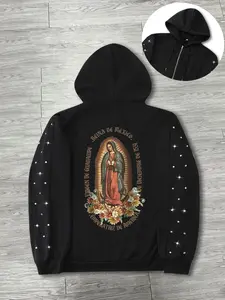 Unisex Spring Fall Winter Hooded Zipper Graphic Print Hoodie, Virgin Mary Print & Studs, Loose Fit, Casual Streetwear, Perfect for Parties