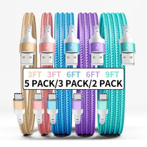 USB Charging Cable (5 Pack/3 Pack/2 Pack), Colorful Nylon Braided Quick Charging Cable for Samsung Galaxy S24, S23, S22, S21, S20, Headphones, Tablet, Laptop, etc. (3ft/6ft/9ft)