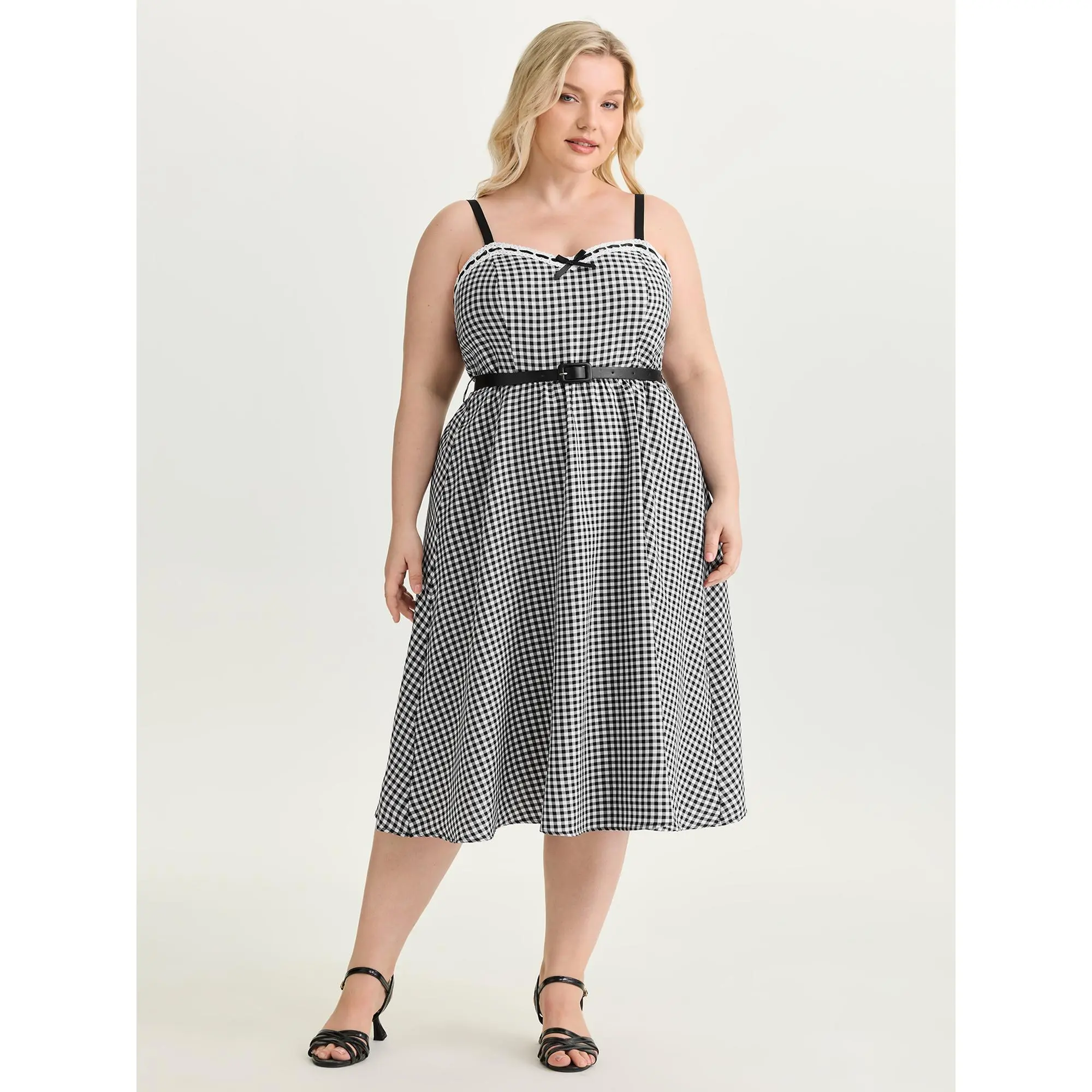 BloomChic Lady's Plus Size Retro Plaid Patchwork Sleeveless Midi Dress - Smooth Polyester-Spandex Blend Garment, Heart Neckline, Belted, Summer Casual Dress, Casual Wear, Pocket, Low Iron, Ready To Wear, Cold Wash, Black And White Checked Casual Dresses