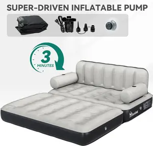 YITAHOME Queen Size Inflatable Sofa Bed with Headboard and Pump, Convertible Blow Up Couch, 2-in-1 Black Air Sofa Bed for Home, Camping, and Guests, Gray