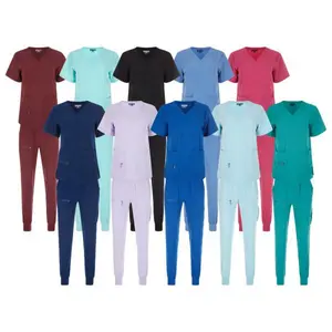 Women's Stretch Jogger Scrubs Set Solid V-Neck Nursing Uniform Quick Dry Breathable