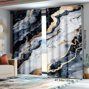 [2D Flat Print] 2pcs Black and Gold Marble Texture Decorative Curtains, easy to hang on a rod, suitable for living room and bedroom decorative curtains, Window Curtain