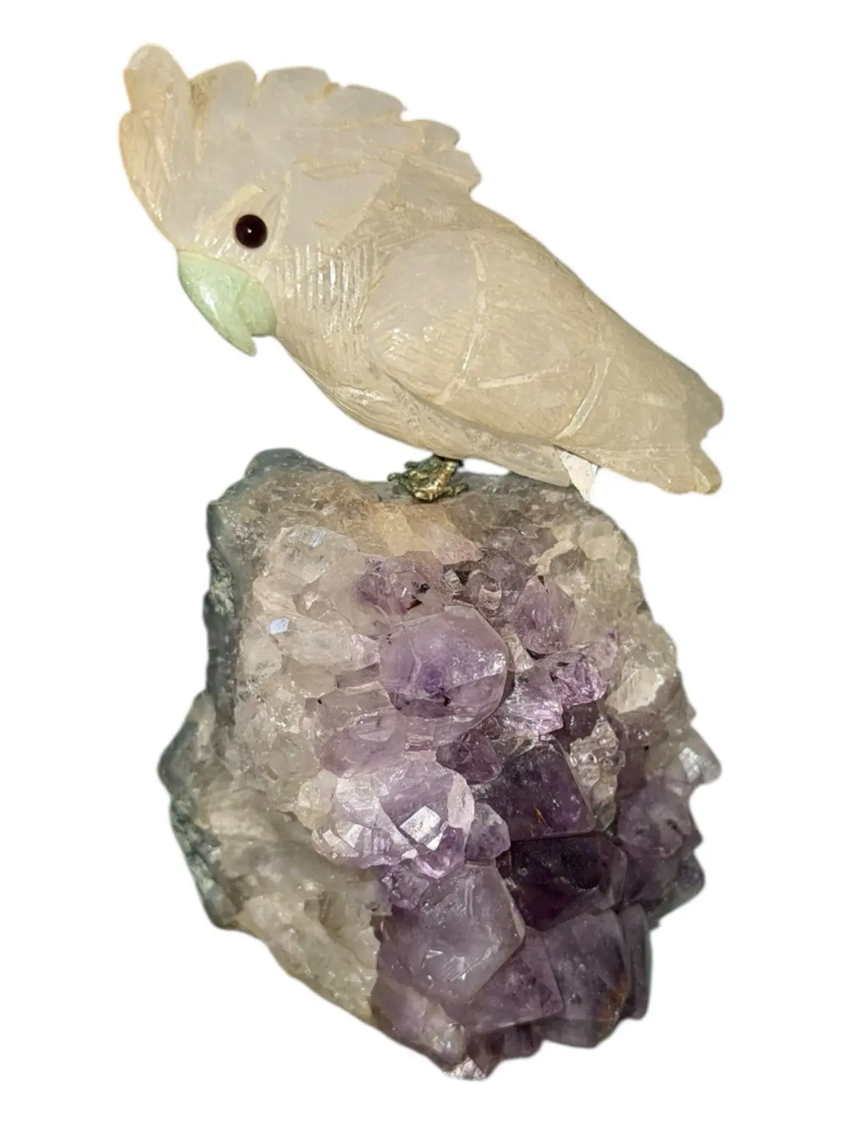Carved White Jade Cockatoo on Amethyst Geode Base Sculpture