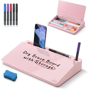 Desktop Glass Whiteboard with Storage, Small Dry Erase White Board Computer Pad Keyboard Stand for Home, School, Office Desk Accessories - Pink