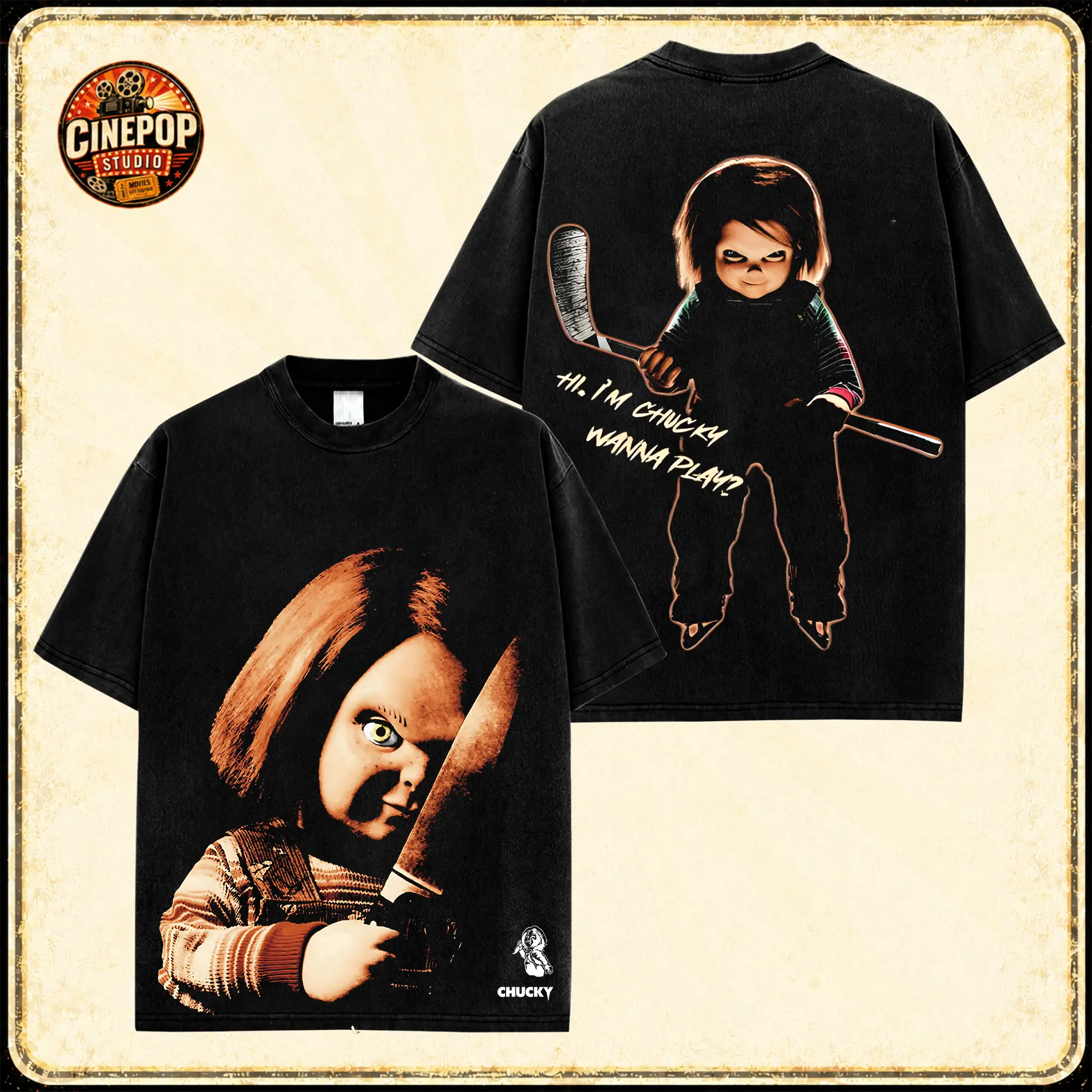Chucky Child’s Play Horror Movie Shirt, Killer Doll Graphic Tee, Vintage Slasher Film T-Shirt, Made in USA, 100% Cotton, Scary Halloween Gift for Men Women and Classic Horror Movie Fans