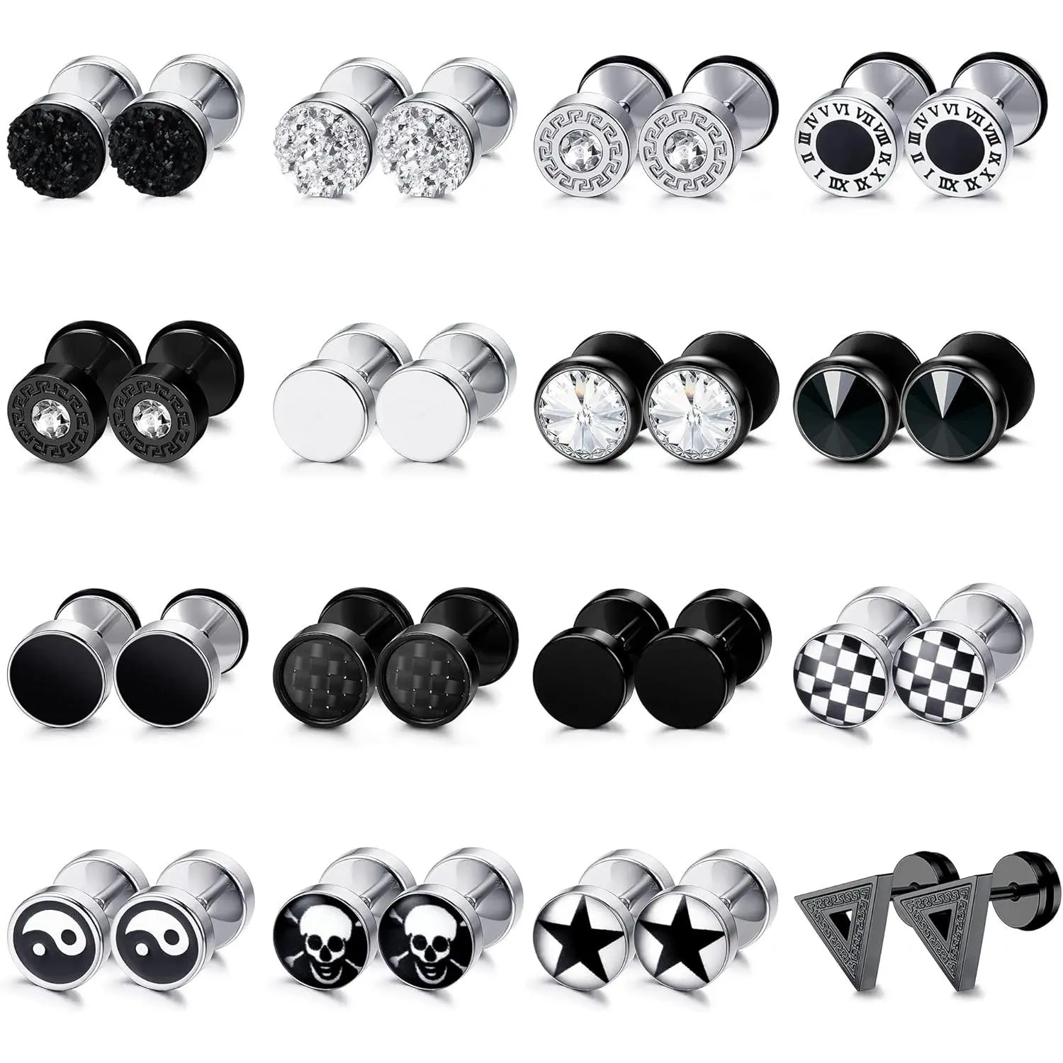 16 Pairs  Gauge Earrings for Men Women Stainless  Stud Earrings Cheater  Ear Plugs Faux Gauges Earrings Ear Tunnel