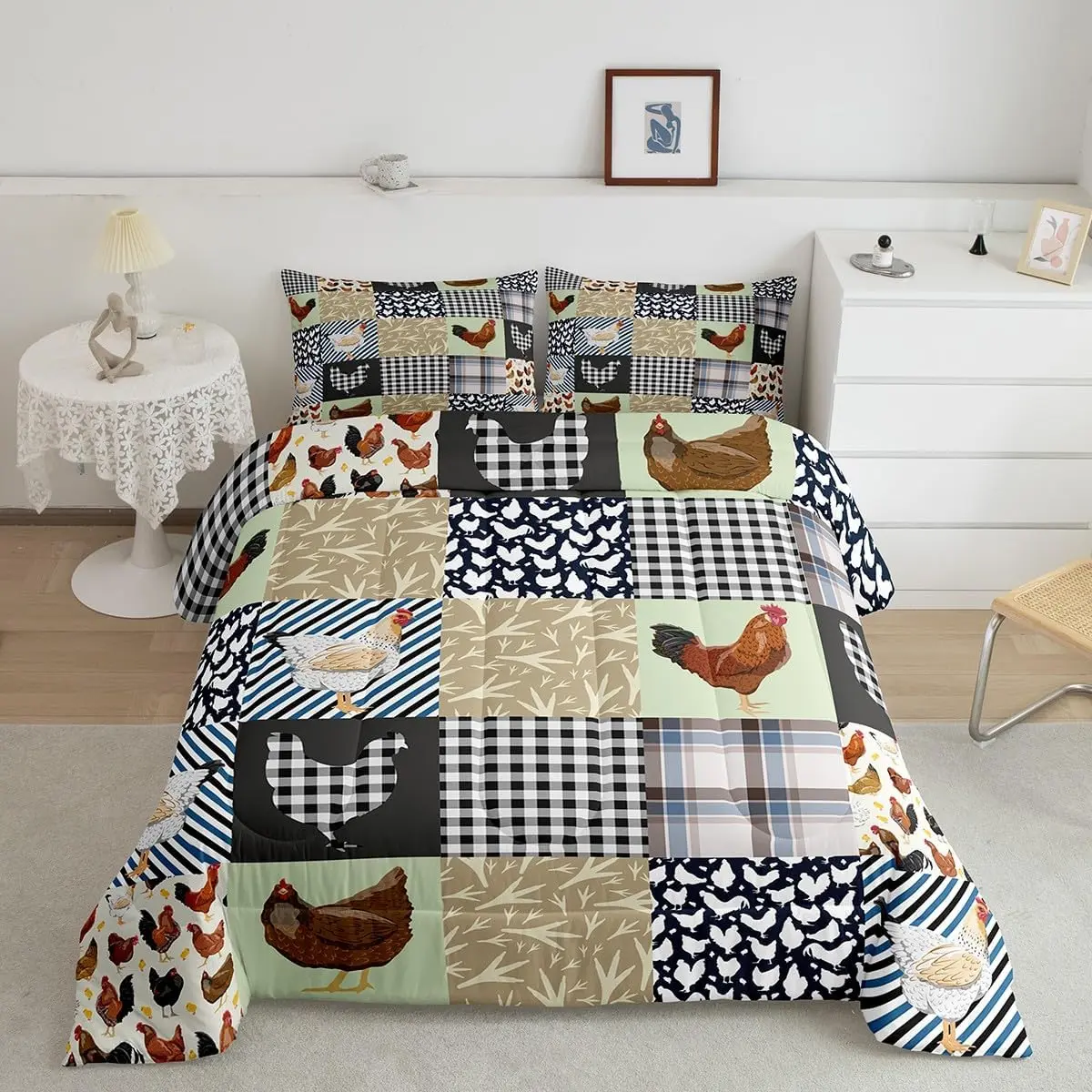 Animal-Themed Color Patchwork Duvet Set - Chicken, Rooster & Hen Print Bed Cover, Luxury Super Soft Breathable Decorative Bedding for Modern Bedrooms (Blue, Grey, Green), Comfy Bed Sets, Bed Cover Set,familyfun