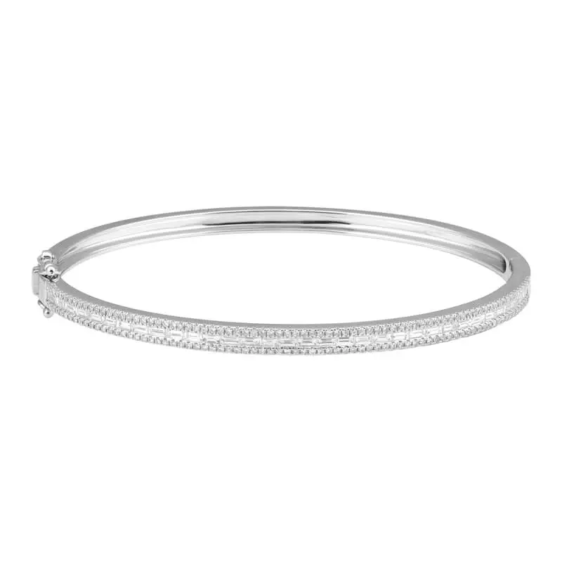 14k White Gold Round & Baguette Diamond Bangle