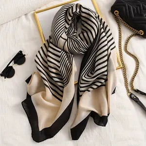 Women's Vintage Striped Scarf |   Breathable Polyester-Linen Blend |   Lightweight, Elastic Shawl for Spring & Summer |   Elegant Black and Beige |   Sun