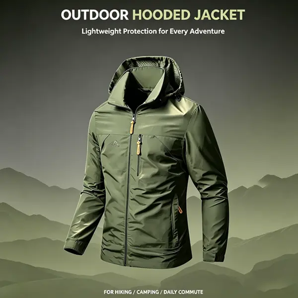 Men’s outdoor hooded jacket—ideal for outdoor adventures, hiking/mountaineering, camping, and fishing. Lightweight and breathable, windproof and water-resistant. Suitable for mountaineering, camping, commuting, and outdoor travel. Men’s outerwear apparel.