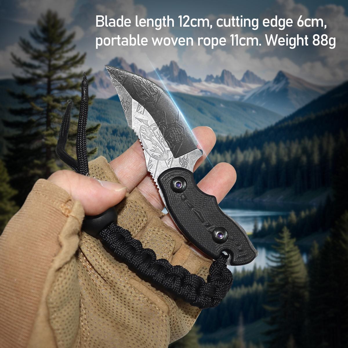 Compact Outdoor Survival Fixed Blade Knife，Skull Engraved EDC Neck Knife, Ultimate Outdoor Survival Tool for Camping Hiking