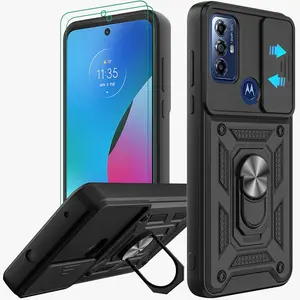 for Moto G Play 2023 Case, Moto G Power 2022 Case with HD Screen Protector 2 Pcs, Slide Camera Lens Cover Protective Case with Magnetic Ring Kickstand Black