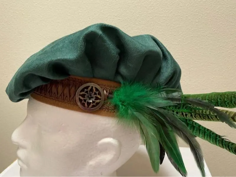 A new adult Renaissance Medieval Tudor Scottish Keltic Irish green muffin poet pirate buccaneer floppy hat cap costume Cosplay.