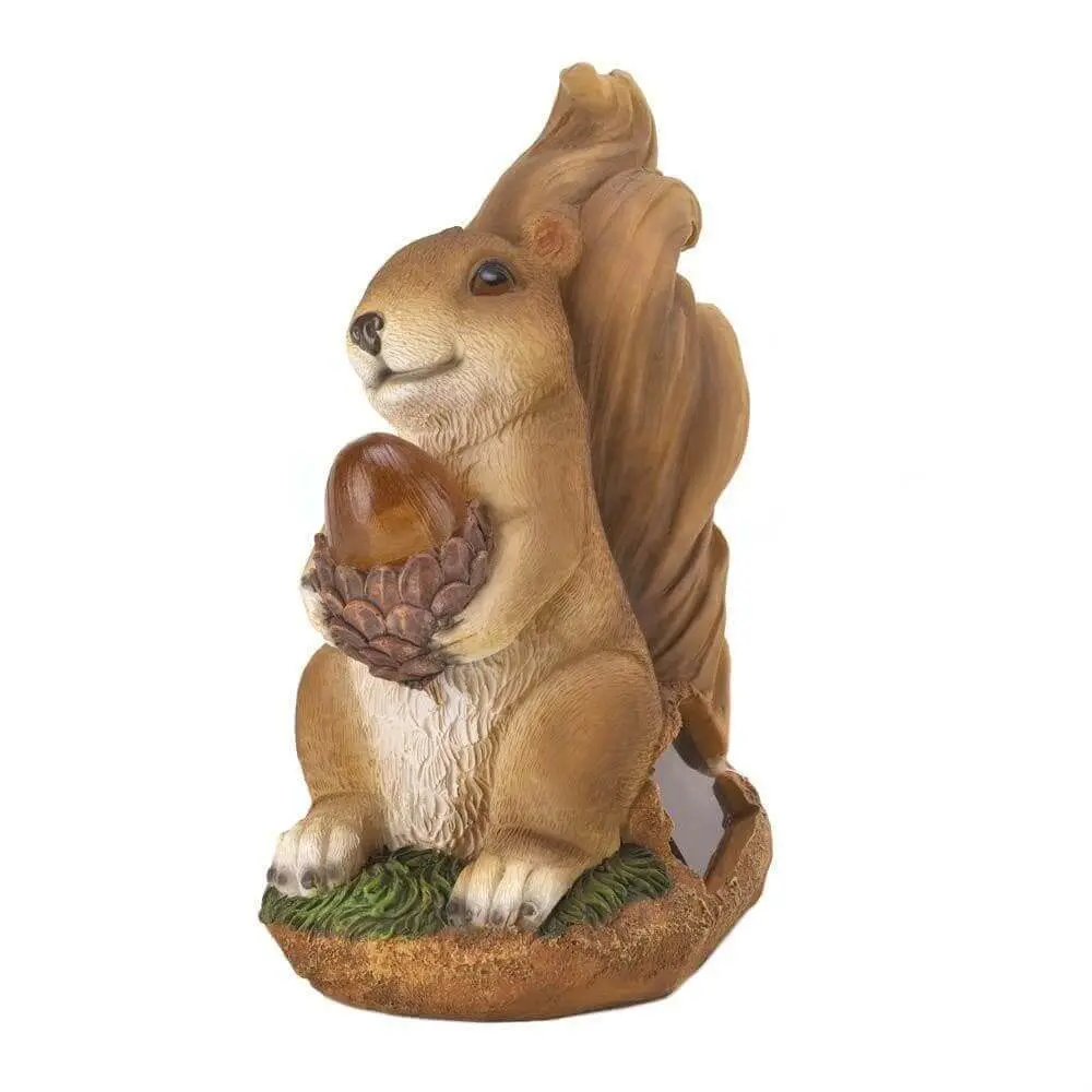 Squirrel Solar Garden Statue - Natural Wooden Design with Pine Cone Accent, Includes Base