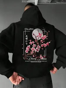 Men's Japanese Cherry Blossom Hoodie, Comfortable Casual Streetwear, Loose Fit Sportswear, Daily & Leisure Wear, Cartoon Graphic Print