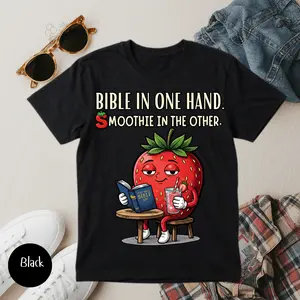 Bible In One Hand Smoothie In The Other Shirt | Christian Strawberry Graphic Tee | Cute Faith Based Shirt | Christian Women T Shirt | Bible Study Outfit | Comfort Colors Unisex Tee | Christian Gift... Casual Menswear Cotton Top Aesthetic Soft Day Love