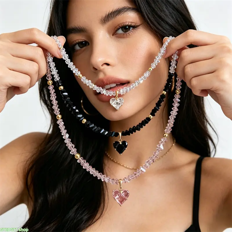 Faceted Crystal Bead Choker With Large Heart Gem Pendant, Dainty Y2K Layerable Neck Chain, Elegant Women Fashion Jewelry For Date Night, Party Events, Everyday Casual And Street Aesthetic Outfits