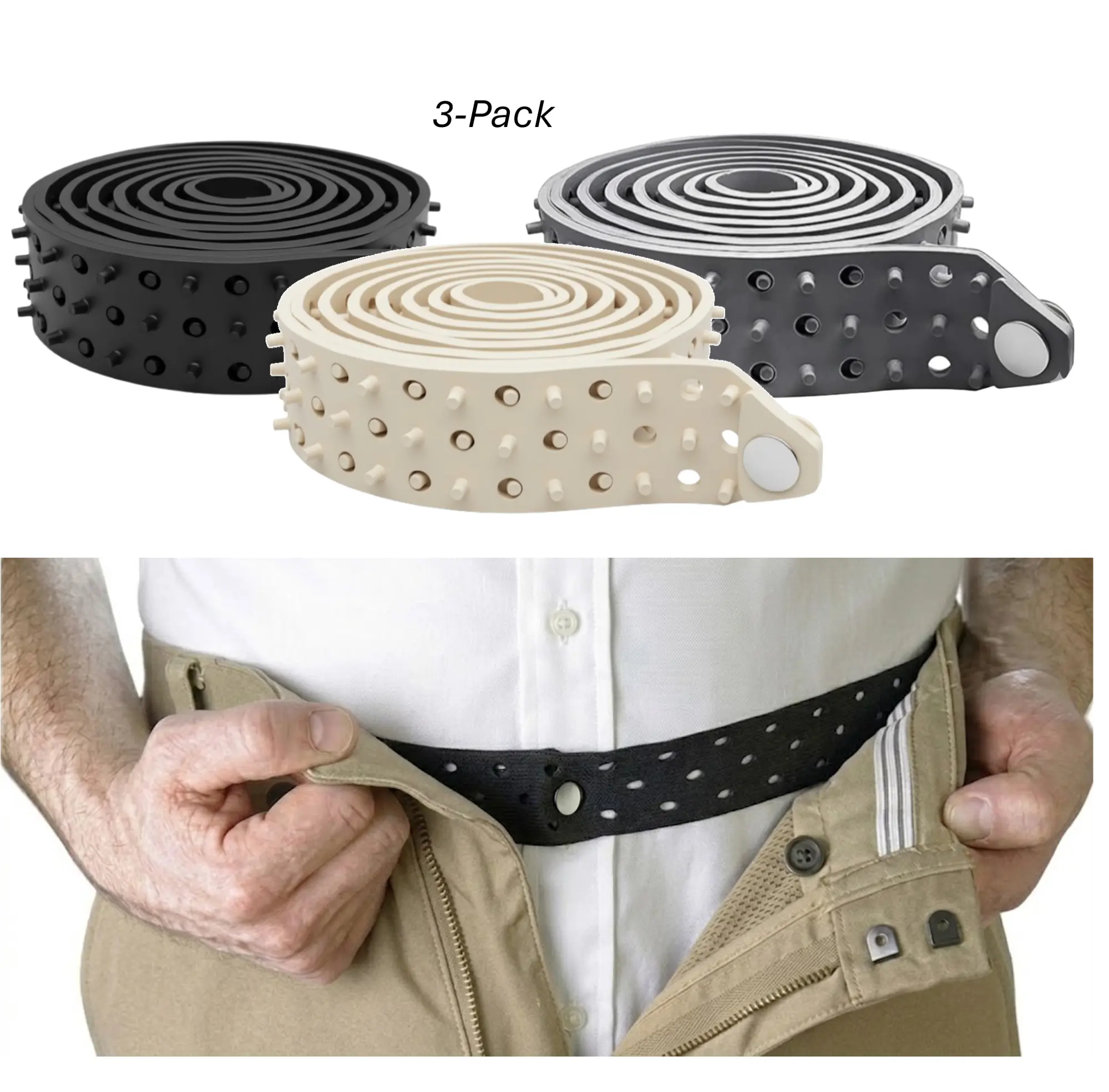 Shirt Tucker Rubber Belt 3-Pack - Black + White + Grey