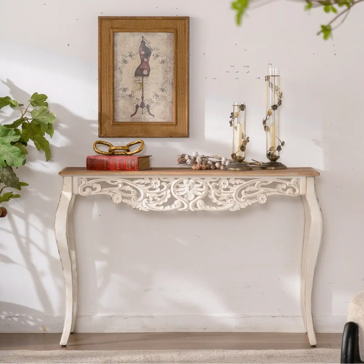 Antique White Distressed Rectangle Console Table - French Country Carved Details, Classic Solid Wood & MDF Narrow Fit, Scroll Legs, 43.31in L x15.16in W x29.53in H, 14.77 lbs, Home Accent for Hallway/Living Room, Simple Setup Required, Assembly Required