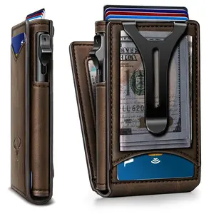 Men Wallet Money Clip Slim For Gift 9cards-metal Credit Card Case In Magnetic Leather Flip