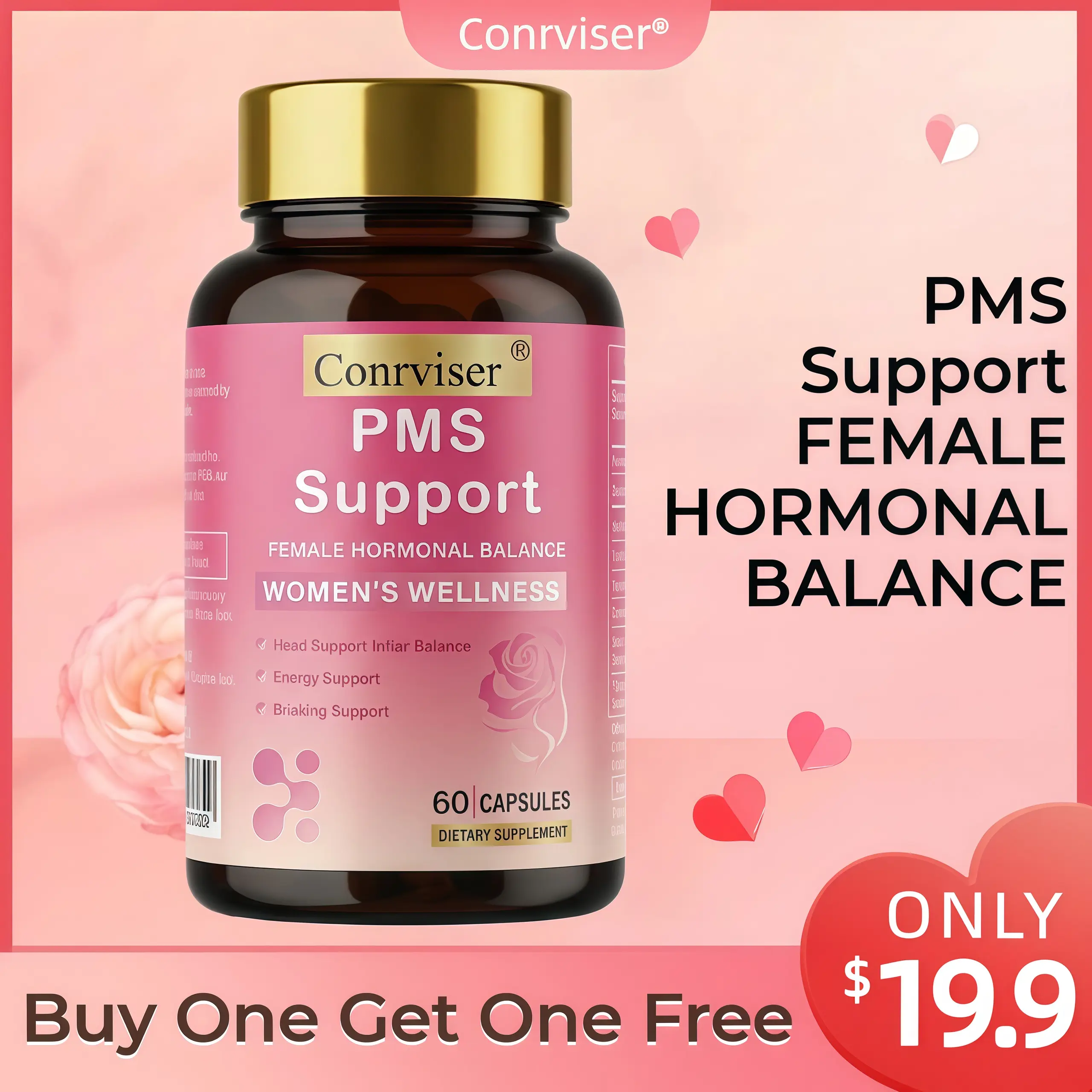 Conrviser PMS Support for Women Hormonal Balance Cramp Relief Mood Stabilizer Vegan Non-GMO Herbal Supplement for Period Care