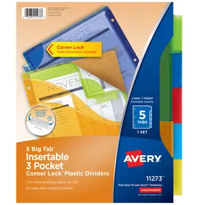 Avery Dividers for 3 Ring Binders, 5 Tab Plastic Binder Dividers, Three-Pocket, Corner Lock, Insertable Big Tabs, Multicolor, 1 Set (11273)