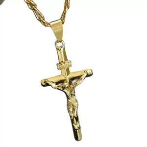 Men's Vintage 14K Gold-plated Jesus Cross Pendant Necklace With Smooth Chain Religious Jewelry For All Year Round Easter Graduation Gift