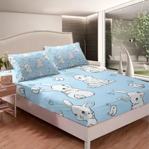 Feelyou Twin Size Soft Bedsheet Set - Cute Rabbit Heart Fitted Sheet, Watercolor Cartoon Wild Animal Decor Blue Bed Cover, Bedding Sheets & Pillowcases Set, Bedsheet Sets