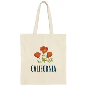 California Tote Bag, California Golden Poppy Tote, Cotton Canvas Bag, trendy tote, artsy bag, gift for mom