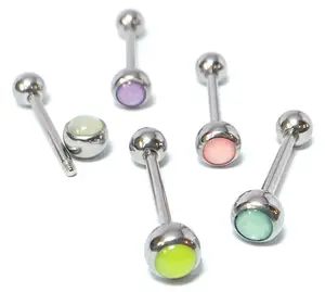 5pc Bulk Pack Illuminating Stone Tongue Rings 14g Steel Tounge Body Jewelry