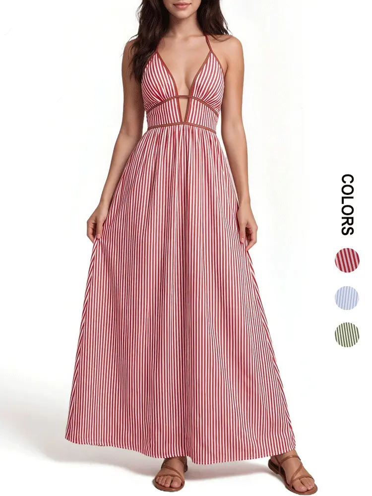 Women's Pinstripe Dress ,Summer Boho Deep V Neckline Backless Sleeveless Halter Neck Maxi Dresses for Casual Beach Holiday Green/Blue/Red Dress