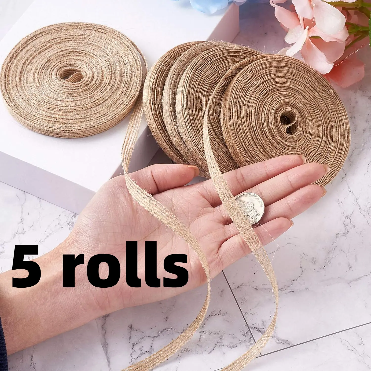 5 Roll Fabric Ribbon 0.39in Wide Natural Jute Tan Linen Fabric Ribbon Rustic Easter Craft Trim Ribbon Rolls for DIY Handmade Sewing Crafts Making Accessories