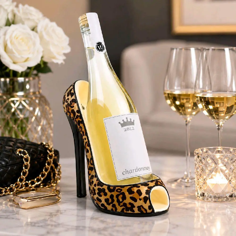 Sturdy Leopard Print High-Heel Wine Bottle Holder - Decorative Wine Rack for Kitchen, Bar Utensils Display