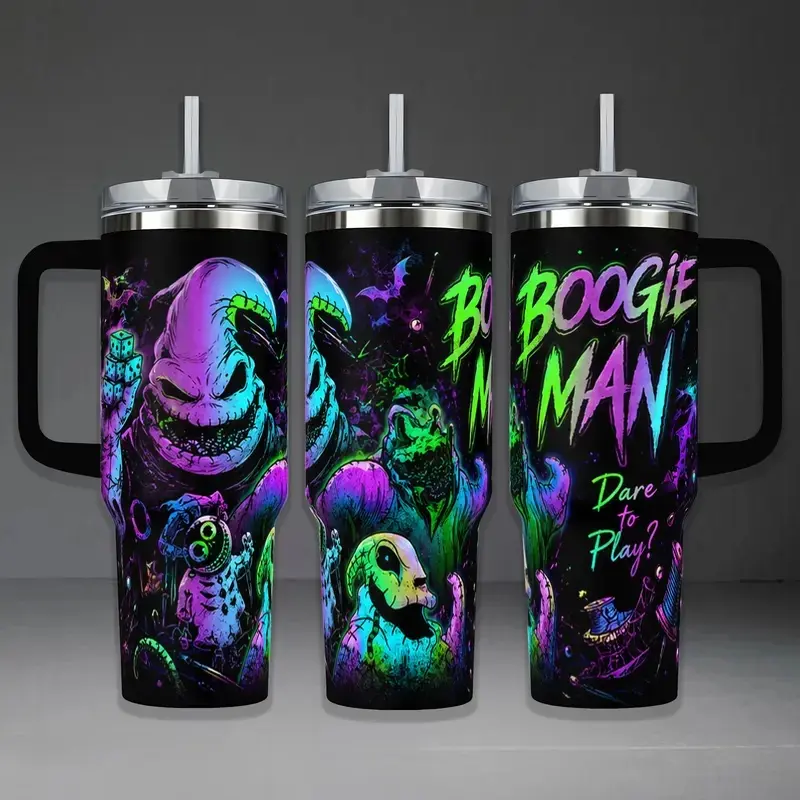 Gambling Bogeyman Tumbler, Halloween 40oz Cup with Handle & 20oz Travel Mug. Movie Fan Gift, The Bug King Gothic Style Insulated Coffee Cup, Nightmare Before Xmas Inspired Insulated Tumbler Featuring Neon Comic Style Graph