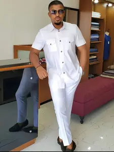 Traditional Muslim African Style Men's Wedding Suit Set, Round Neck Long Sleeve Top and Pants, 2 Piece Set, Classic Formal Wear