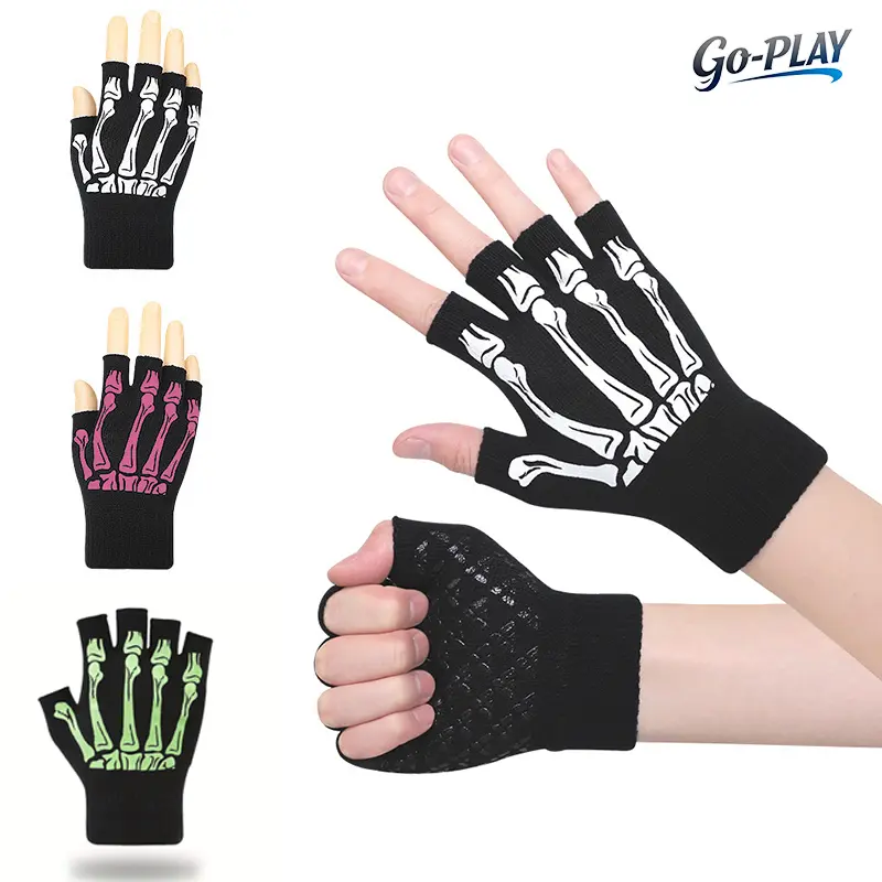 2 Pairs Unisex Skeleton Skull Half Finger Gloves, Breathable Fingerless Sports Gloves with Bone Print Design, Gothic Punk Halloween Costume Accessories, Outdoor Workout Cycling Party Gloves for Men Women