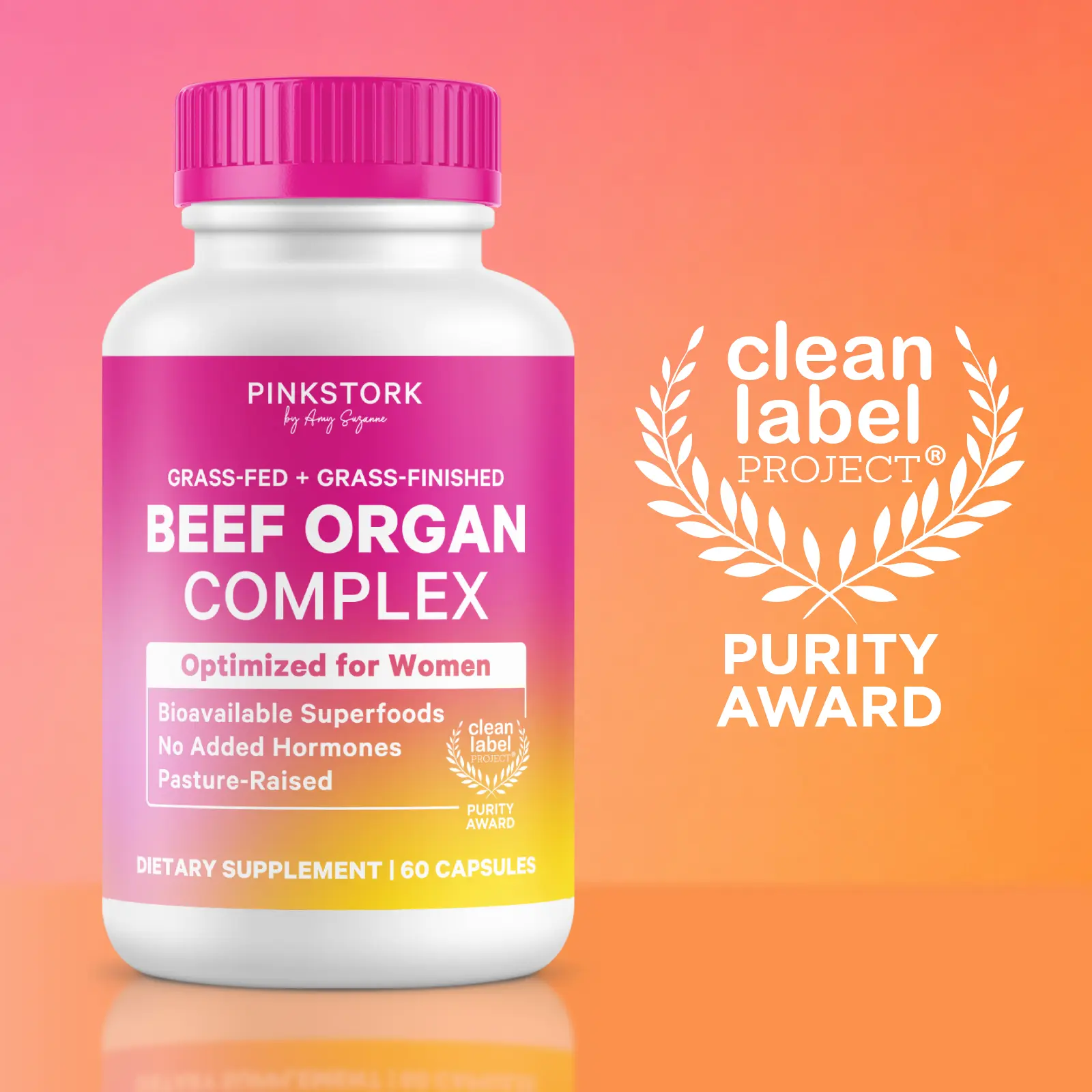 Pink Stork Beef Organ Supplement for Women | Clean Label, Grass-Fed Primal Bioavailable Multivitamin | Liver, Heart, Ovary, Kidney, Uterus, Iron, B12, CoQ10, Vitamin A, Zinc | Skin + Nail Health, Hormone + Energy Support | 60 Capsules | Dietary Healthcare