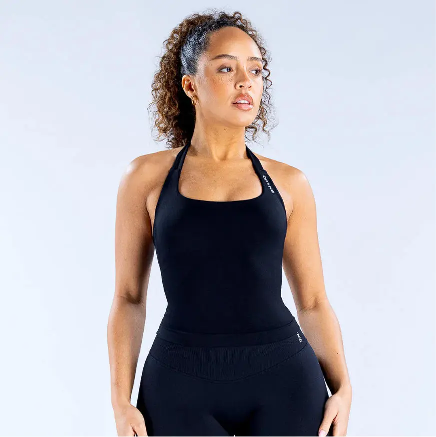 （With Logo）DFYNE Halter Square Neck Backless Fitness Tank Top & Compression High Rise Leggings Matching Set, Sexy 2 Piece Tracksuit for Pilates Streetwear