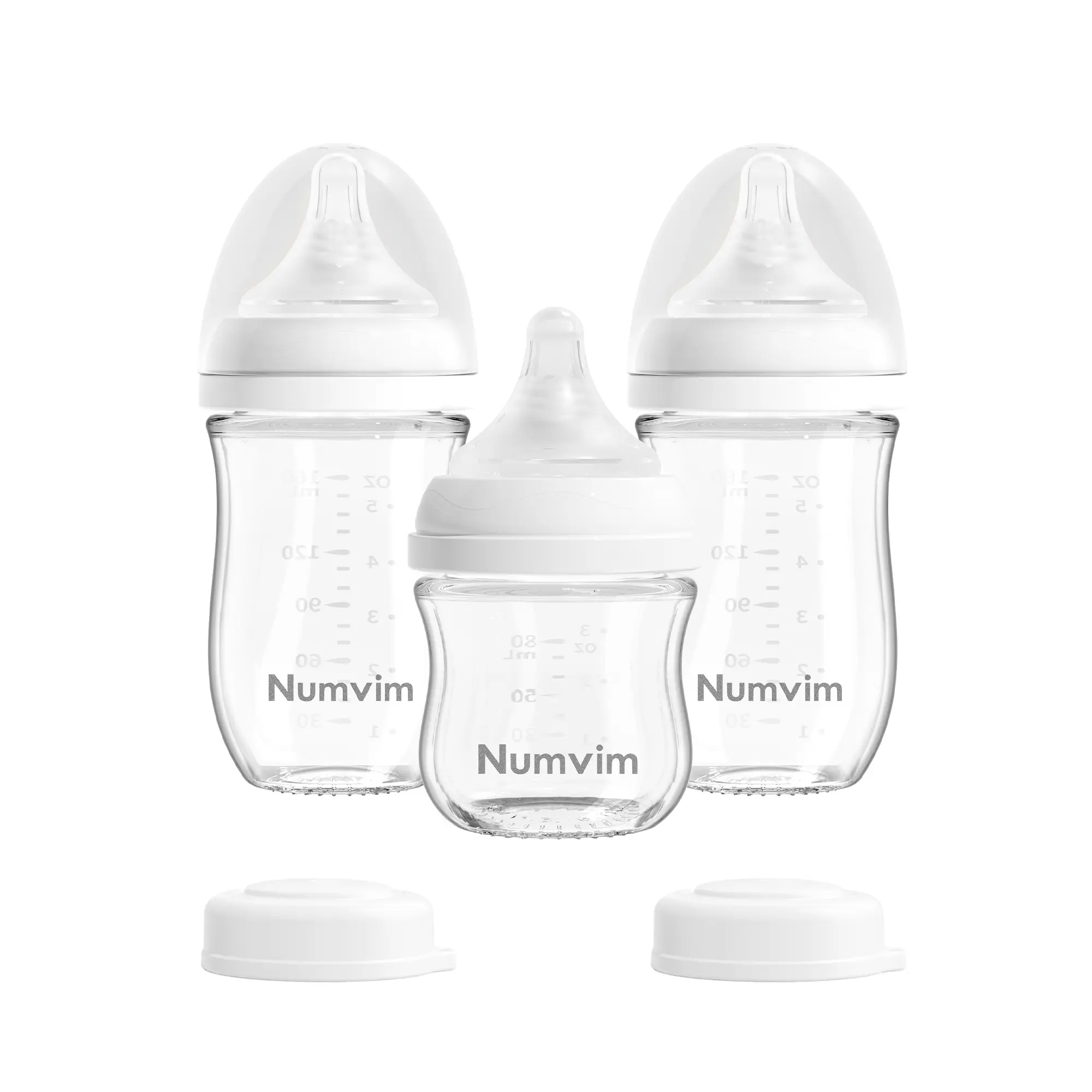 NUMVIM Glass Natural Baby Bottles Gentle & Extra Slow Flow, Newborn Breastfeeding Bottle with Anti Colic Nipple, 3 PACK, 3 Oz, 5Oz, 8Oz, Wide Neck Infant Bottles,Lead-Free.