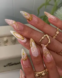 Alice WonderNails – Celestial Gold Pearl Press On Nails with Galaxy Foil | Ocean-Inspired 3D Nail Art | Luxury Cosmic Nail Design Gift Set – AW214