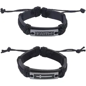 2 Styles  PU Leather Wrap Bracelets Faith  Strand Wristbands Adjustable Braided Drawstring Leather Link Wrist Cuff Criss Bangle Set for Men Women Daily Wear Christmas